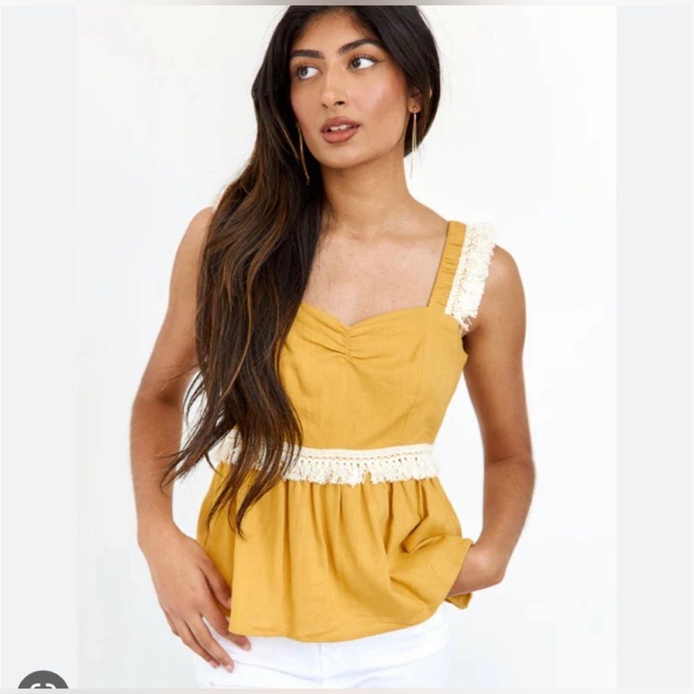 NWT Fab'rik Top Tank Blouse Fringe Detail Yellow Size L